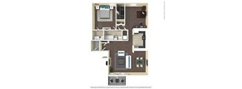 A floor plan of a small apartment with a kitchen, living room, and bathroom.