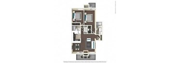A floor plan of an apartment with a kitchen, living room, and two bedrooms.