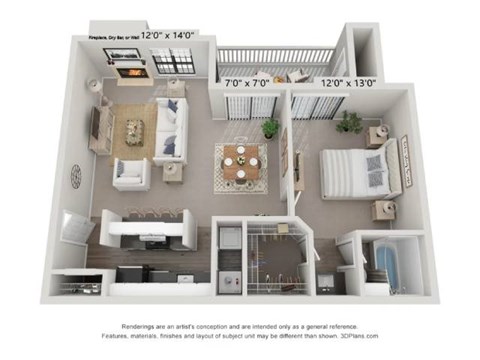 A 3D floor plan of a small apartment with a kitchen, living room, and bedroom.