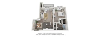 A 3D floor plan of a small apartment with a kitchen, living room, and bedroom.
