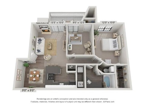 A 3D floor plan of a house with a kitchen, living room, and two bedrooms.