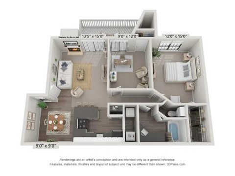 A 3D floor plan of a house with a kitchen, living room, and two bedrooms.