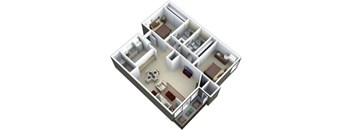 A 3D floor plan of a house with multiple rooms.