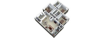 A 3D image of a house layout with multiple rooms.