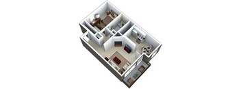 A 3D image of a house layout with a kitchen, living room, and bathroom.