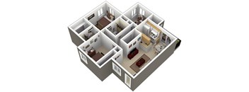 A 3D image of a house layout with multiple rooms.