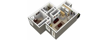A 3D image of a house layout with a kitchen, living room, and two bedrooms.