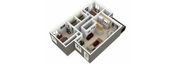 A 3D rendered image of a house layout.