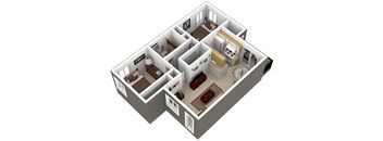 A 3D image of a house layout with a kitchen, living room, and two bedrooms.