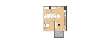 A floor plan of a house with a living room, bedroom, and bathroom.