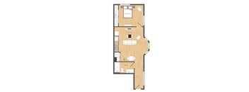 A floor plan of a room with a bedroom, living room, and bathroom.