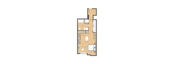 A floor plan of a house with a kitchen, living room, and bathroom.