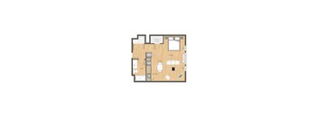 A floor plan of a house with a living room, dining room, kitchen, and two bedrooms.
