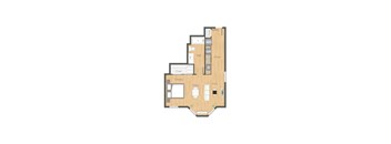A floor plan of a house with a kitchen, living room, dining room, and two bedrooms.