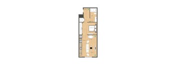 A floor plan of a house with a kitchen, dining area, living room, and two bedrooms.