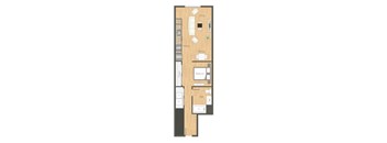 A floor plan of a house with a kitchen, living room, dining room, bedroom, and bathroom.