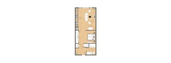 A floor plan of a house with a kitchen, living room, dining room, bedroom, bathroom, and closet.