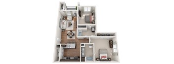 A 3D floor plan of a small apartment with a kitchen, living room, and bedrooms.