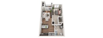 A top-down view of a small apartment with a kitchen, living room, and bathroom.