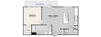 A floor plan of a home with a bedroom, living/dining area, and a closet.