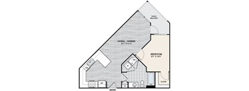 A floor plan of a house with a living room, dining room, bedroom, and bathroom.