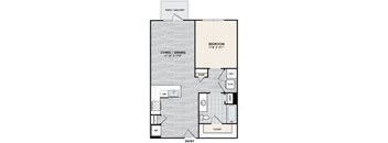 A floor plan of an apartment with a living room, dining room, kitchen, bathroom, and bedroom.
