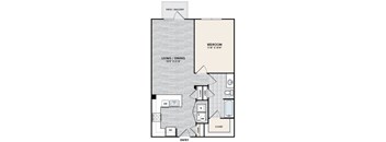 A floor plan of a small apartment with a living room, dining room, bedroom, and closet.