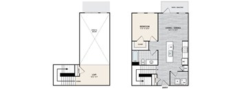 A floor plan of a two-story home with a living room, dining room, kitchen, and two bedrooms.