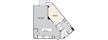 A floor plan of a bedroom, living/dining area, and bathroom.