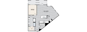 A floor plan of a home with a bedroom, living/dining area, and a closet.