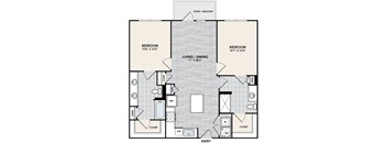 A floor plan of an apartment with two bedrooms, a living/dining area, and a closet.