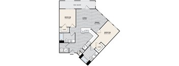 A floor plan of a home with a living room, dining room, and two bedrooms.