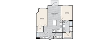 A floor plan of a two-bedroom apartment with a living/dining area and two closets.