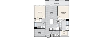 A floor plan of a home with three bedrooms, a living room, a dining room, a kitchen, a bathroom, and a patio/balcony.