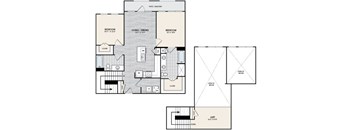 A floor plan of a house with three bedrooms, a living/dining room, and a loft.