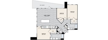 A floor plan of a house with three bedrooms and a living/dining area.