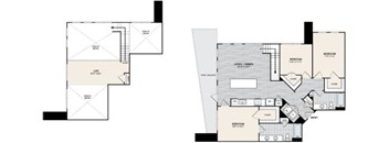 Two floor plan of a house with a living room, dining room, kitchen, and two bathrooms.