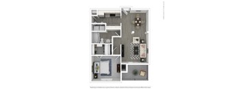 A floor plan of a small apartment with a kitchen, living room, and bathroom.