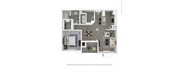 A floor plan of a small apartment with a bedroom, living room, and kitchen.