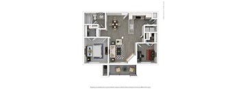 A floor plan of a small apartment with a kitchen, living room, and two bedrooms.