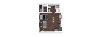 A floor plan of a small apartment with a kitchen, living room, and bathroom.