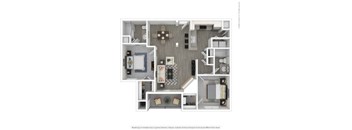 A floor plan of a house with a kitchen, living room, and two bedrooms.