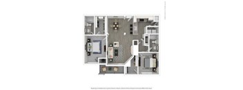 A floor plan of a small apartment with a kitchen, living room, and two bedrooms.