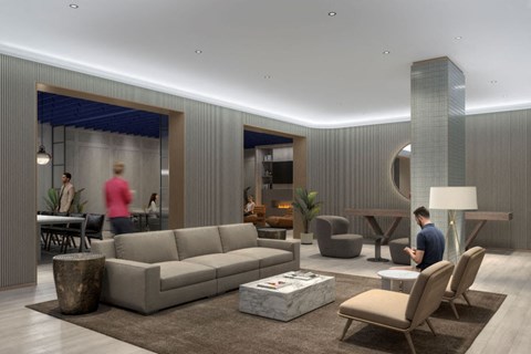 a rendering of a living room with people in it