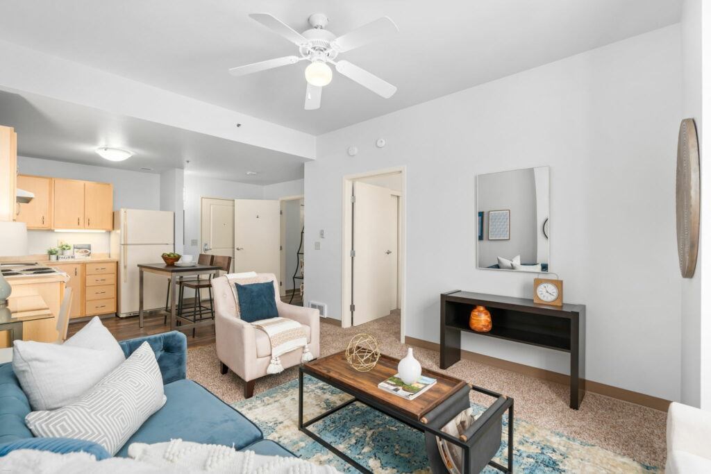 Living Room With Kitchen at Pacific Tower Apartments, Portland