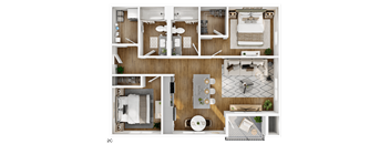 A top-down view of a modern apartment layout.