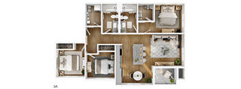 A top-down view of a house layout with multiple rooms and furniture.