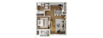 A top-down view of a room layout with a bed, a dining table, and a kitchen area.