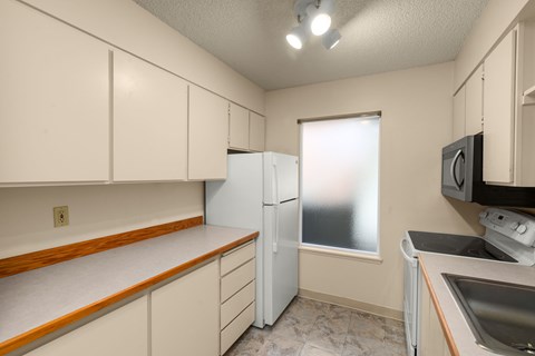 A kitchen with a refrigerator, microwave, and sink.