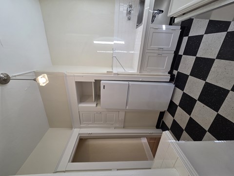 A bathroom with a checkered floor and a shower.